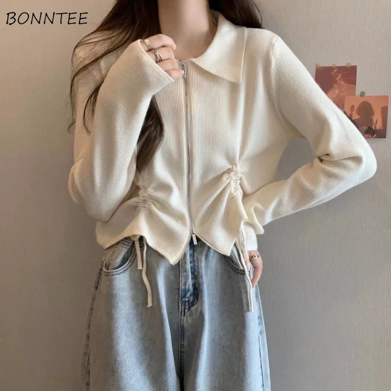 

Cardigan Women Autumn Elegant Students Tender Knitting Sweet Leisure Shirring Fashion Turn-down Collar Stylish Solid New Ulzzang