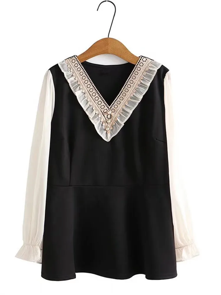 

Plus Size Clothing For Women Wear Long Sleeves Crew Neck Neckline Crocheted Cutout Decoration Stitching Color Large Size Shirt