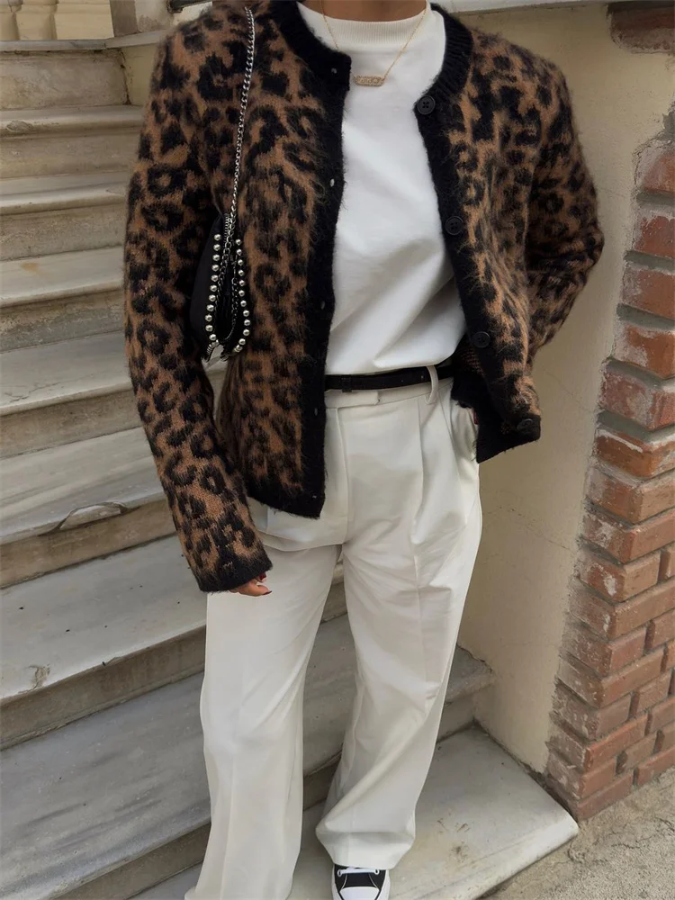 Suéter tipo cárdigan de leopardo para mujer, con estampado de moda en contraste, holgado, de manga larga, para ir al trabajo, cárdigan de otoño para mujer