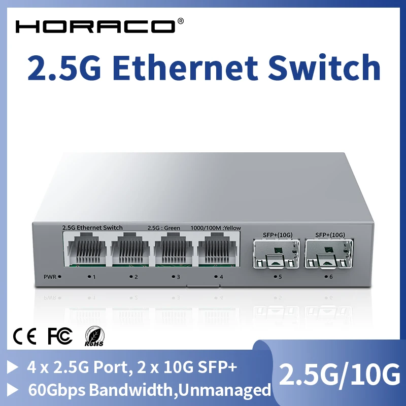 HORACO 2.5Gb Switch 2.5GBASE-T 4 ports 2.5G RJ45 avec 2 ports 10G SFP + Switch réseau Plug and Play non géré sans ventilateur