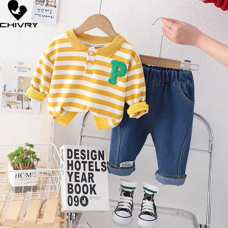 

Boys Fashion Clothing Sets New 2023 Kids Baby Spring Autumn Striped Lapel Shirts Tops with Denim Pants Children Casual Clothes