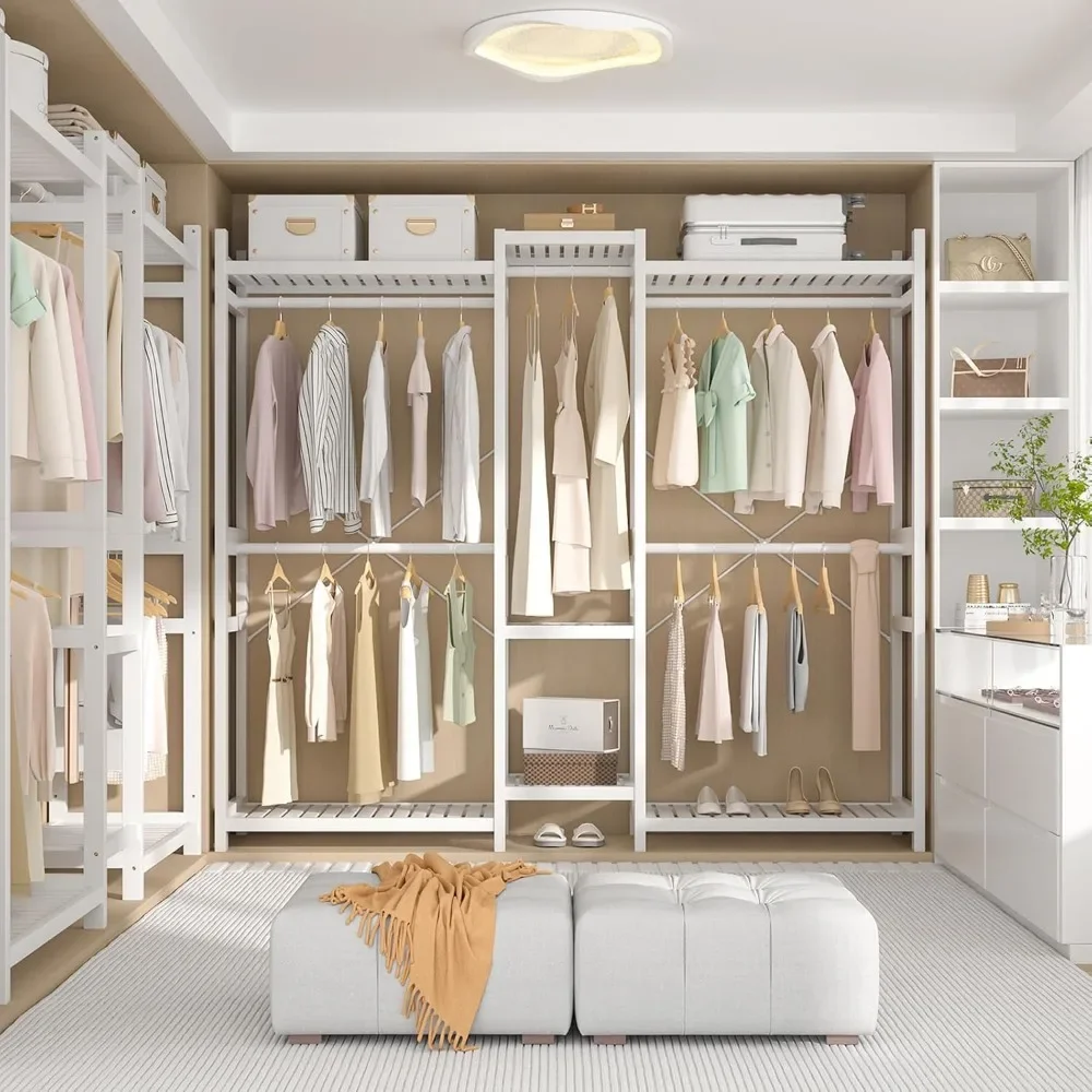 New2025-Bamboo Closet System Clothes Rack, Large Freestanding Garment Rack Clothing Rack for Hanging Clothes with 7 Storage Shel