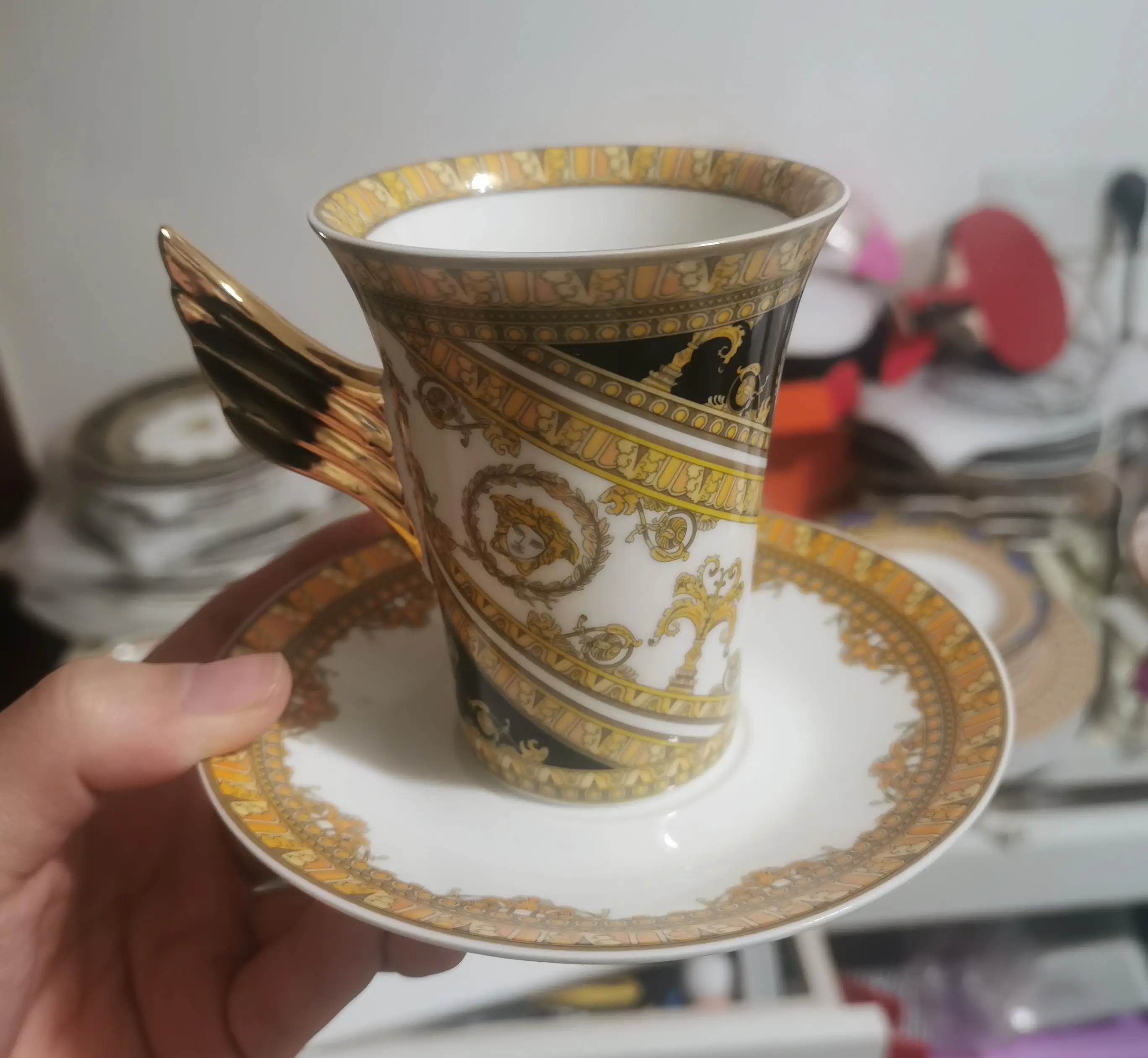 GoldWingedHandleEuropeanEspressoCupandPlateCoffeeCupand