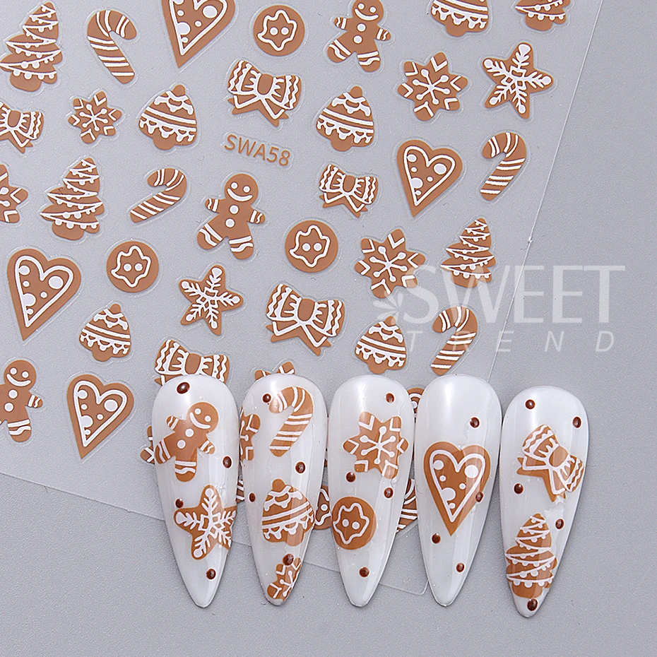 2pcs 3D Christmas Gingerbread Man Nail Stickers Cute Candy Bows Heart Nail Slider Winter Snowflake Nails Decorations Accessories