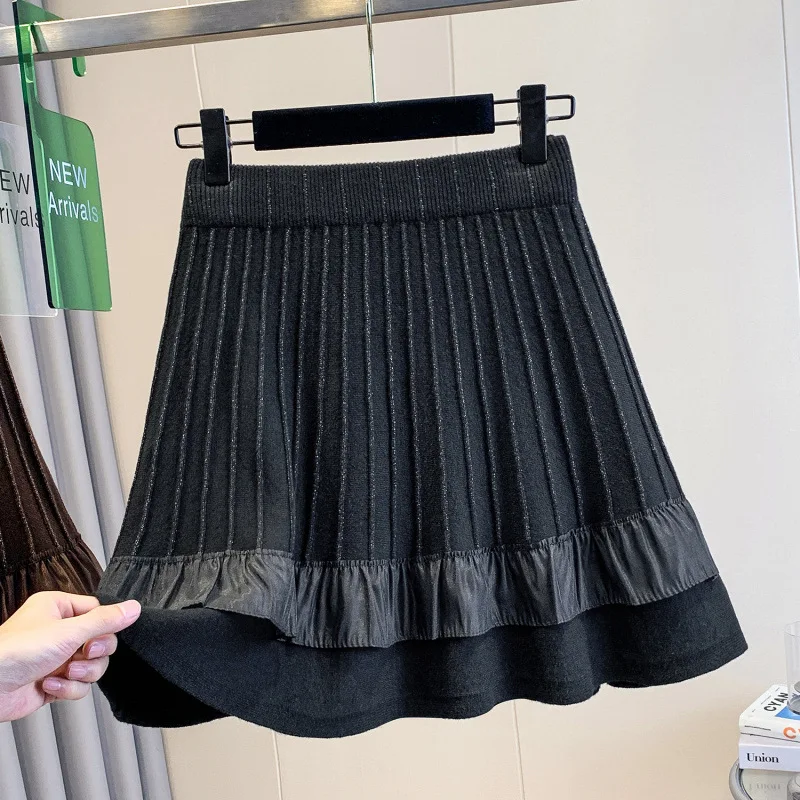 Plus Size Plus Size Autumn Winter Fashionable A- Line Mini Skirt Knitted Lace Splicing Slimming Elegant Quality Large Women's...