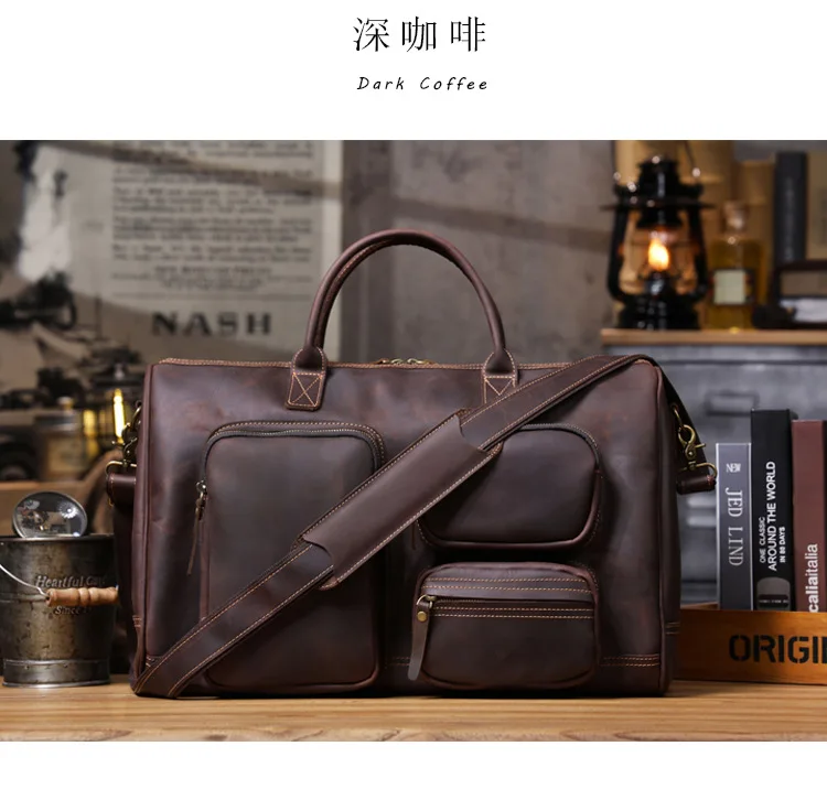 Lässige Vintage Crazy Horse Rindsleder Herren-Reisetasche mit großem Fassungsvermögen, luxuriöse, hochwertige Handtasche aus echtem Leder mit mehreren Taschen – Detail 20