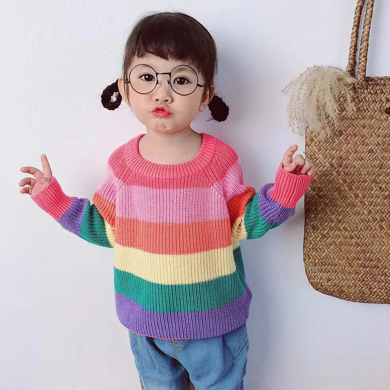 여아 및 남아용 겨울 풀 슬리브 무지개 줄무늬 풀오버, 어린이 니트 스웨터, 1-7 세, 가을 신상