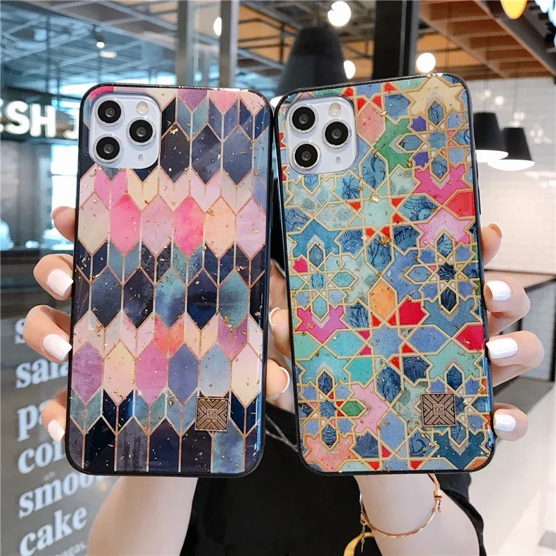 Luxurious Marble Silicone Epoxy Glitter Phone Case with Gold Foil Feather Design
