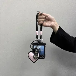 Korean - Inspired Pink Irregular Pattern Leather Phone Case with Love Heart Pendant for Z Flip 8 (D)