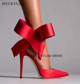 Big Butterfly Women Satin Pumps Bow Pointed Toe Ankle Strap Stiletto High Heels Women Celebrating Party Shoes Plus Size 43