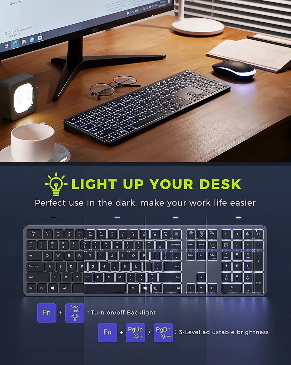 Gamer, Recarregável, 2.4G, USB, Iluminado, Tamanho Completo