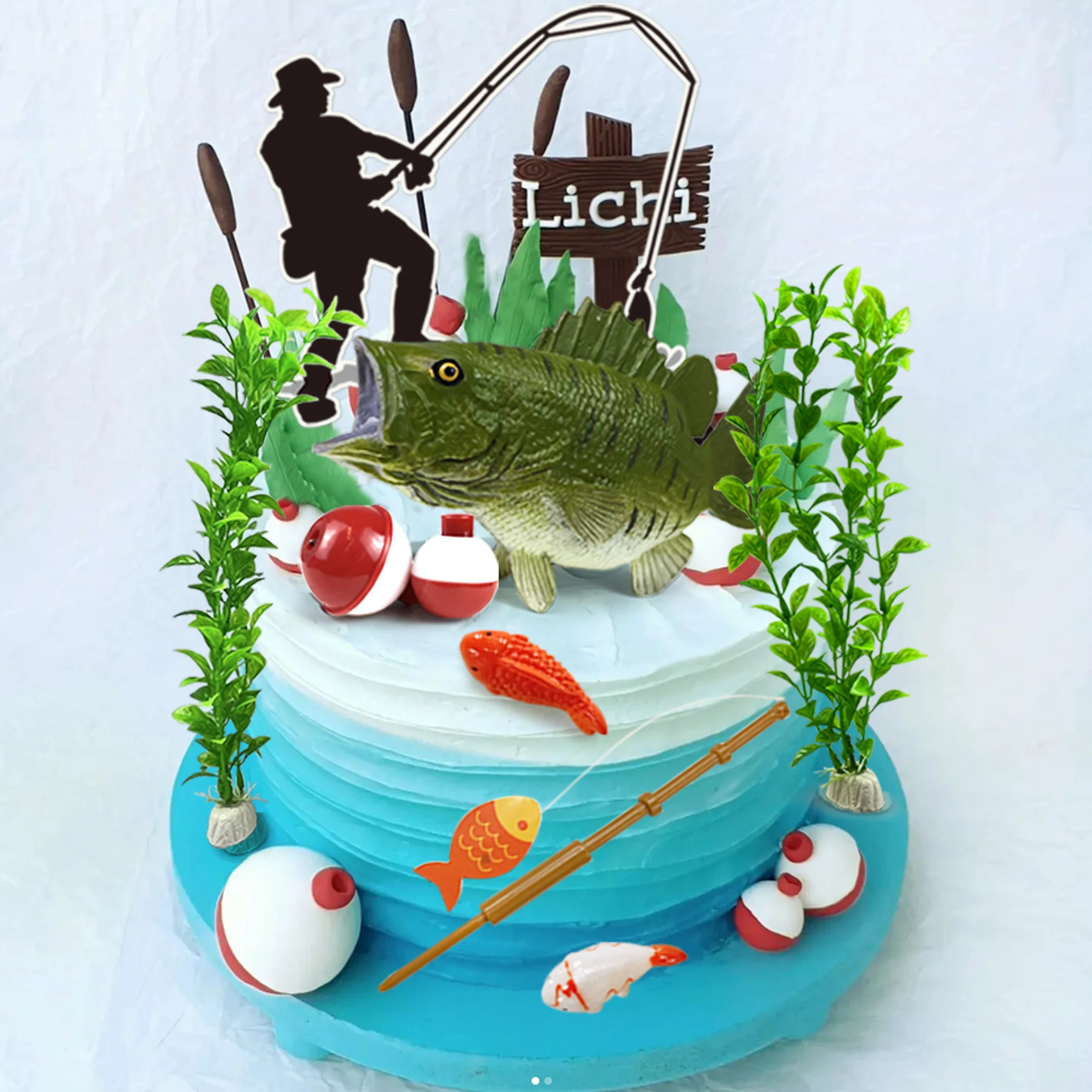 Décoration De Gâteau D'anniversaire De Pêche – Décoration De Gâteau D' Anniversaire En Forme De Poisson à Paillettes Noires Pour Homme/garçon/ Pêcheur – Fournitures De Fête Sur Le Thème De La Pêche