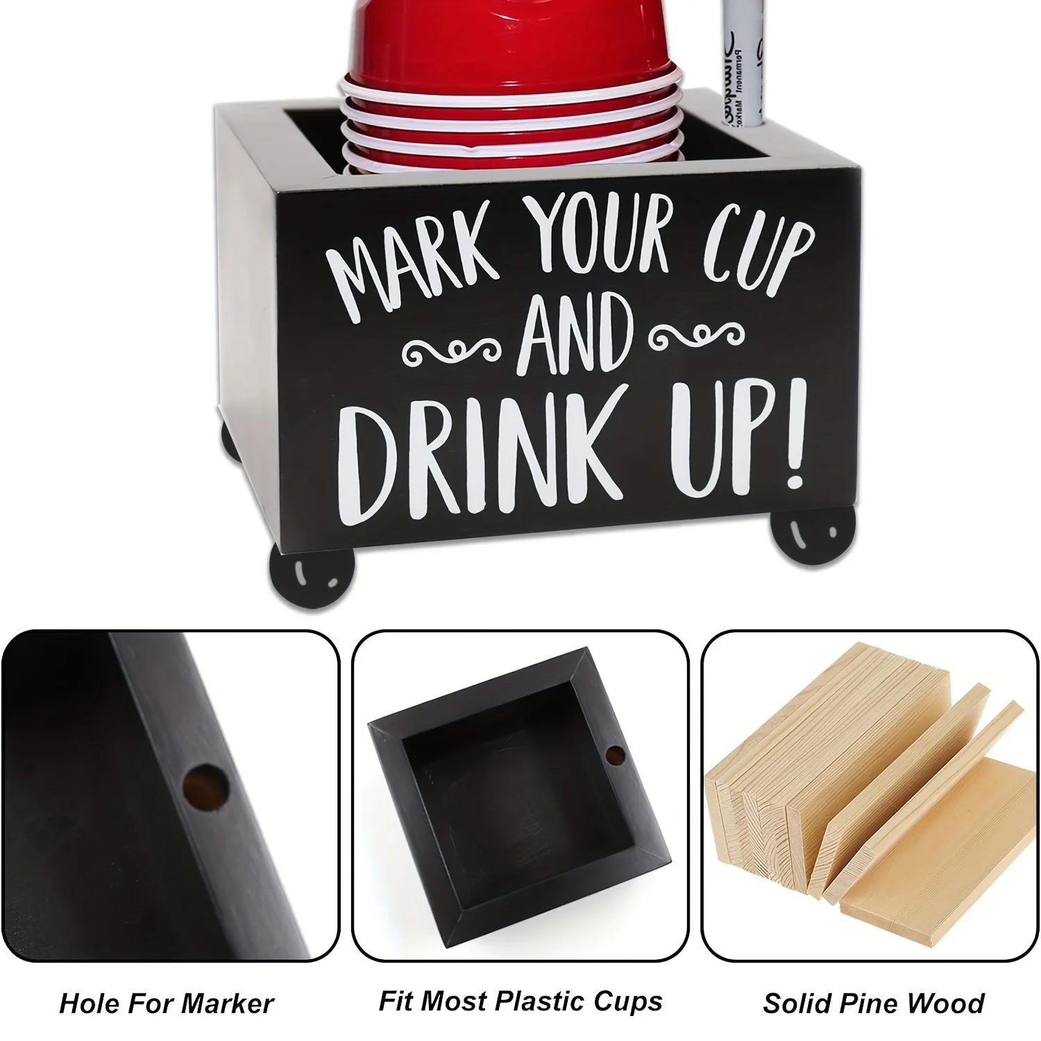Wooden Cup Holder with Marker Slot Mark Wood Drink Dispenser Coffee Shop Paper Cup Storage Rack Square Desktop Bar Storage Box