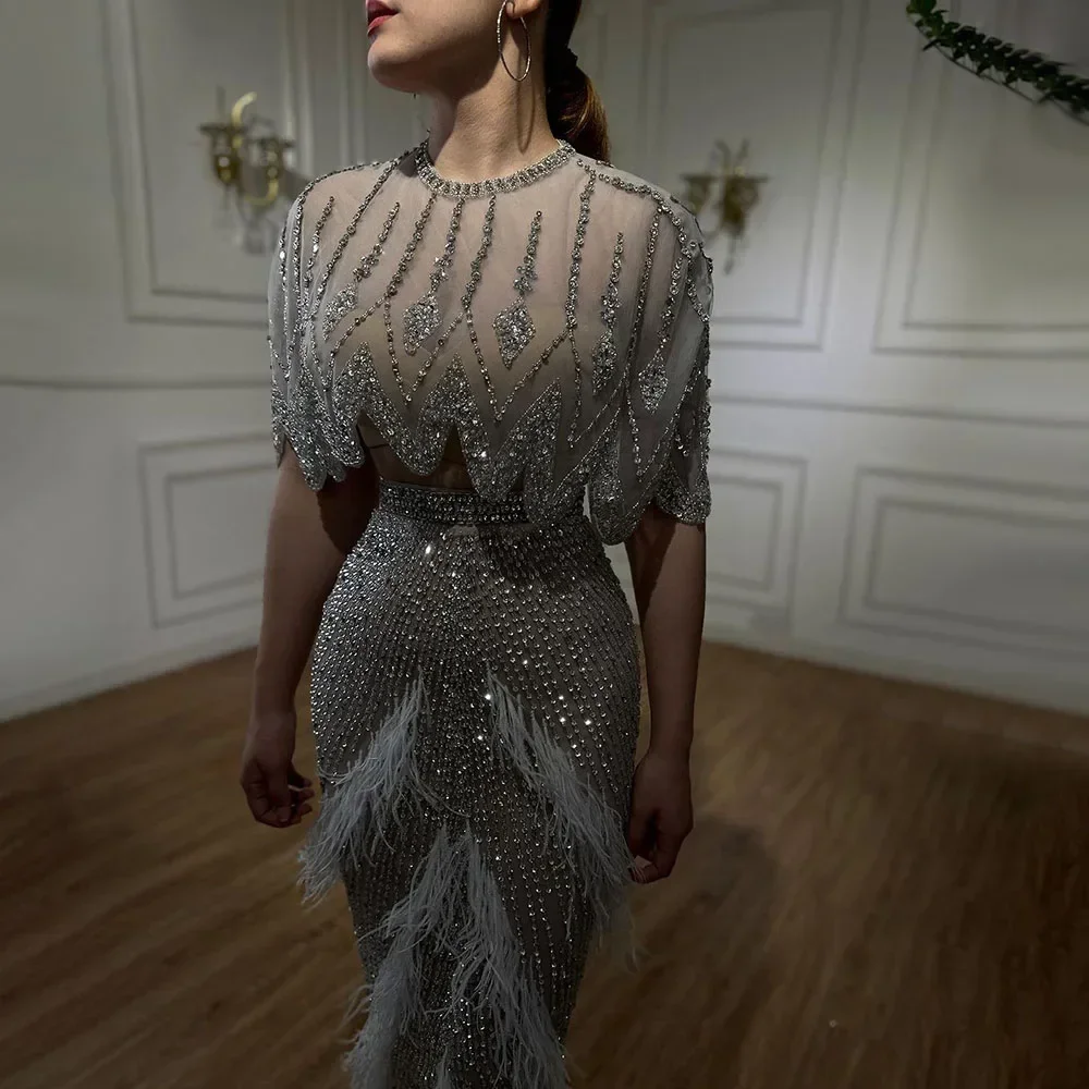 White Feathers Two Pieces Midi Evening Dresses For Wedding