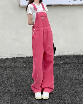 XS-XL jean womens 2022 Summer Preppy Style loose Girls Pink wide leg trousers jumpsuit korean casual denim overalls womens(78891 1