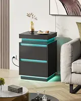 Black Nightstand with Charging Station and LED Lights, Bedside Table with 2 Wooden Drawers and Sliding Top, Modern, Customized 6