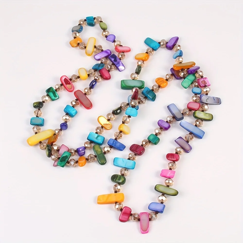 Fashion Bohemian Long Knot Necklace Rainbow Colorful Irregular Shell Glass Necklace Sweater chain 2 Layer women necklace men necklace