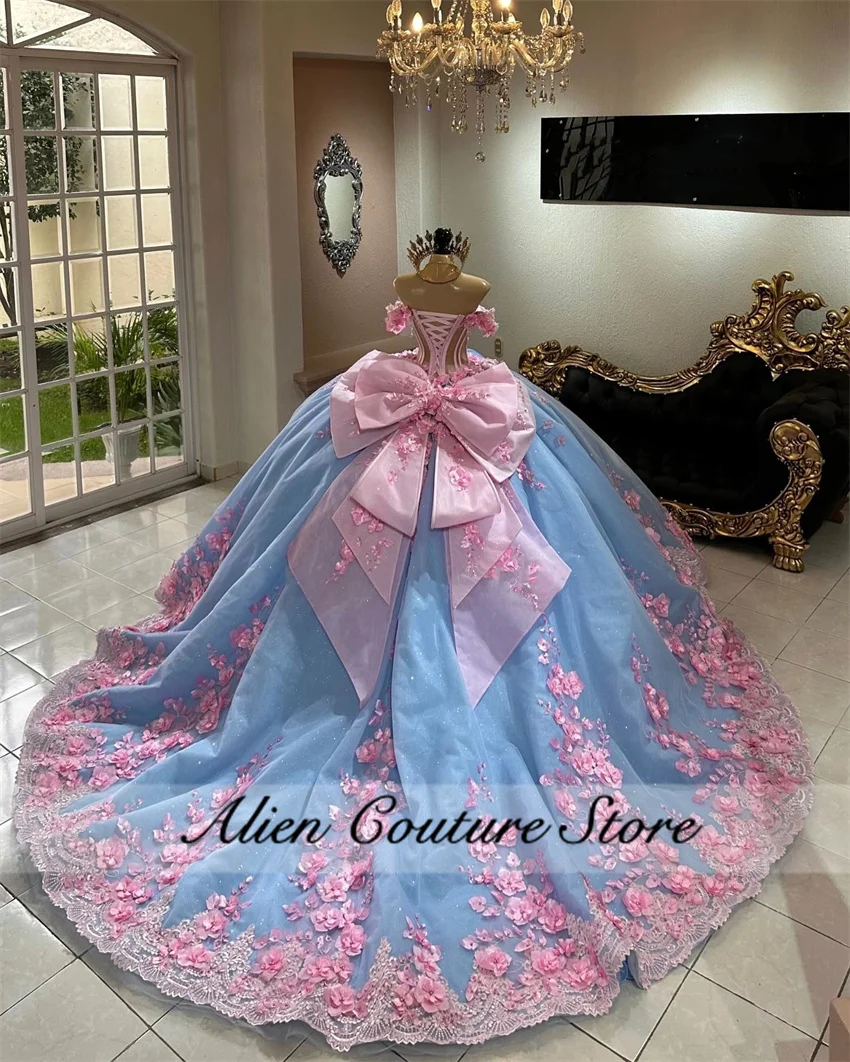 Blue Quinceanera Dresses Princess Bead Crystals Birthday Gowns Pink 3D Flower Appliques Vestidos De 15 Wit Bow Customized