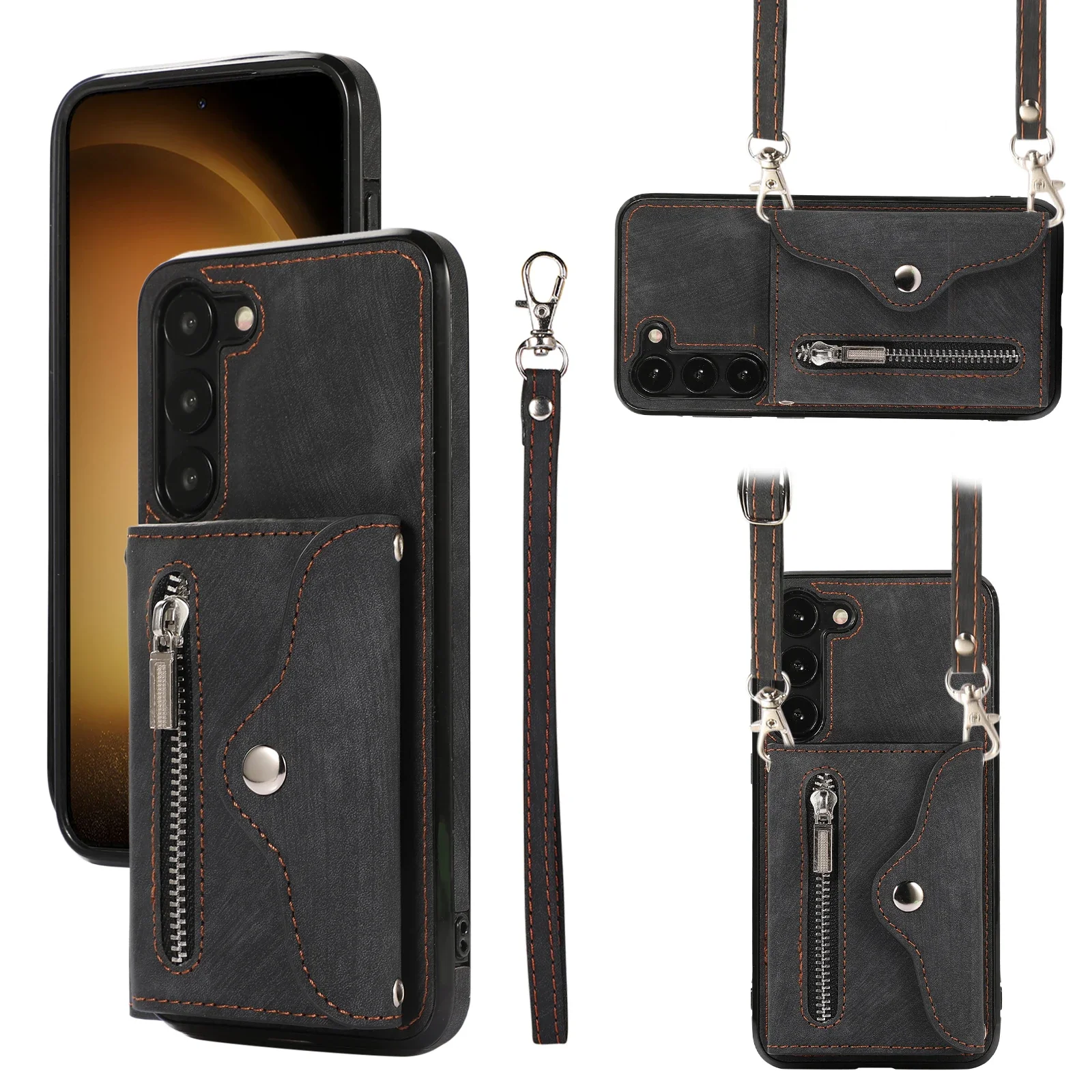 Elegant Crossbody Leather Zipper Wallet with Card Slots and Long Lanyard