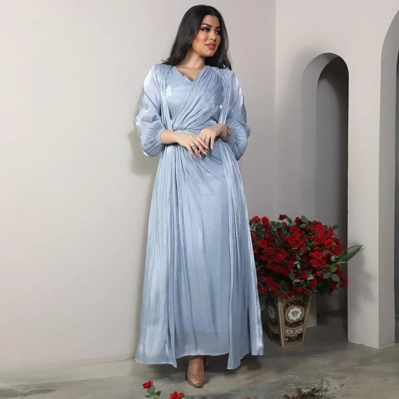 

Morocco Women Abaya 2 Piece Set Silky Satin Party Dress Dubai Elegant Muslim Evening Dresses Eid Caftan Long Robe Abayas Kaftan