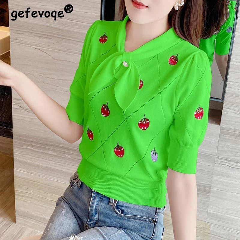 

2023 Summer New Embroidery Chic Bow Knitting T-shirt Female Short Sleeve Loose Casual Fashion Top Women All-match Pullovers Tees