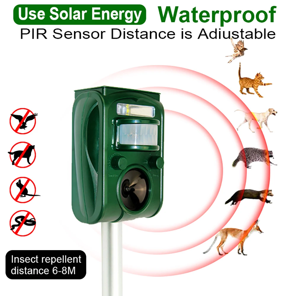 Solar Outdoor Ultrasonic Insect Repellent PIR Sensor Garden Pests Mouse Bird Bat Animal Repellent Adjustable 6M-8M