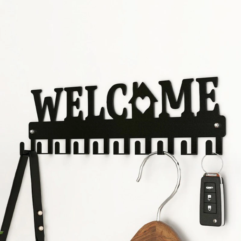 

10 крючков, держатель для ключей на стену, черный металлический держатель для ключей, декоративный настенный держатель для ключей в приветственном стиле, настенный держатель для ключей
