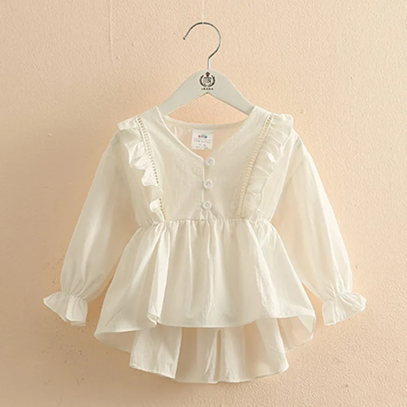Spring Autumn Fashion 2 3 4 5 6 8 10 Years Kids Cute Long Trumpet Sleeve V-Neck Cotton White Blouse Shirt For Baby Girls