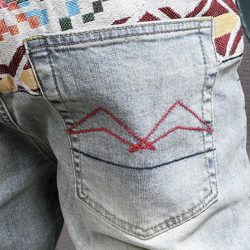 Ripped Denim Shorts Men Fashion Plaid Patchwork Short Jeans Streetwear Casual Light Blue Cotton Straight Pants