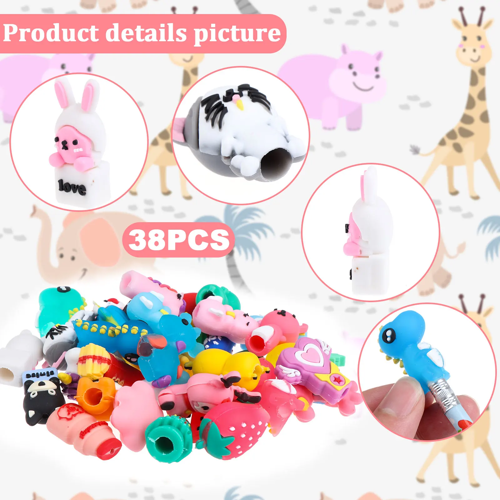 

40 Pieces Pencil Toppers Set Include 38 Pcs Cartoon Animal Pencils Tops