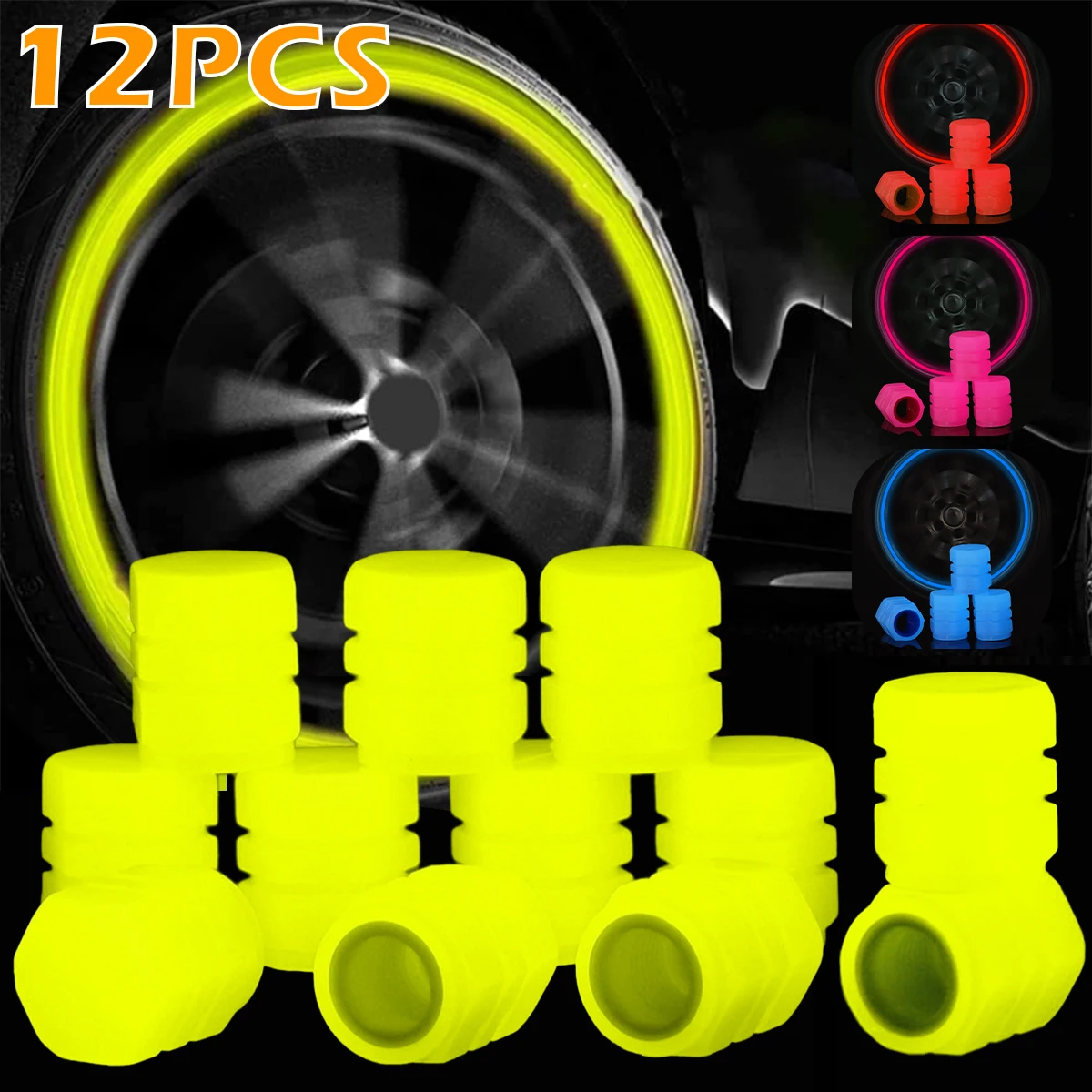 Luminous Glow-in-the-Dark Tyre Valve Caps – Universal Fit For Cars & Bikes – ABS – 4 Pack
