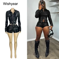 Vintage Faux Leather 2 Piece Shorts Sets Women Stand Collar Full Sleeve Zip Crop Jacket and Short Pants Motor Biker Suit y2k