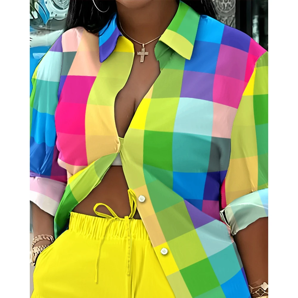Casual Long Sleeve Two Piece Set for Women Plaid Buttoned Shirt & Solid Short Sets Streetwear Y2k 2023 Summer Clothes Outfits