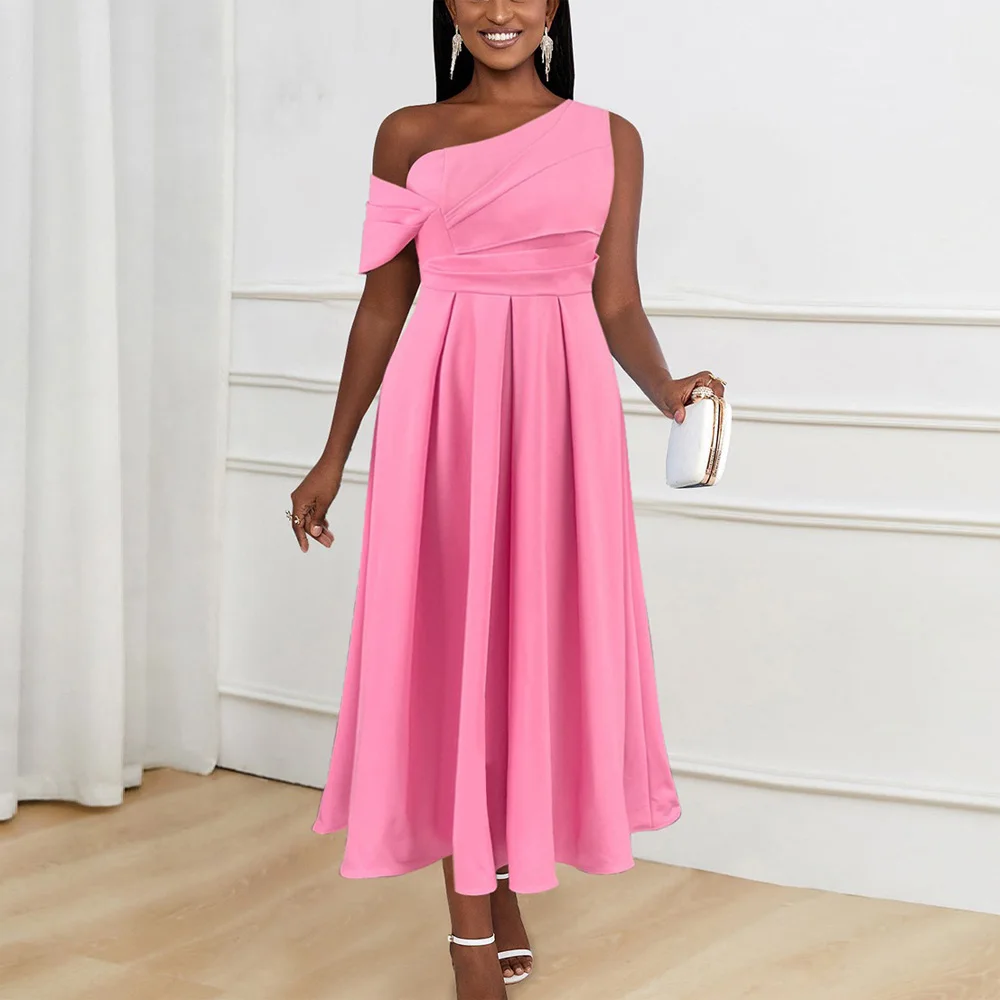 

Женское плиссированное платье на одно плечо, элегантное розовое платье до щиколотки, вечернее платье на день рождения