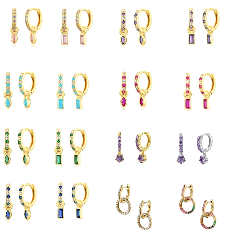 

925 Sterling Silver Needle Fashion Colorful Zircon Perforated Pendant Hoop Earrings for Women Wedding Party Luxury Jewelry Gift