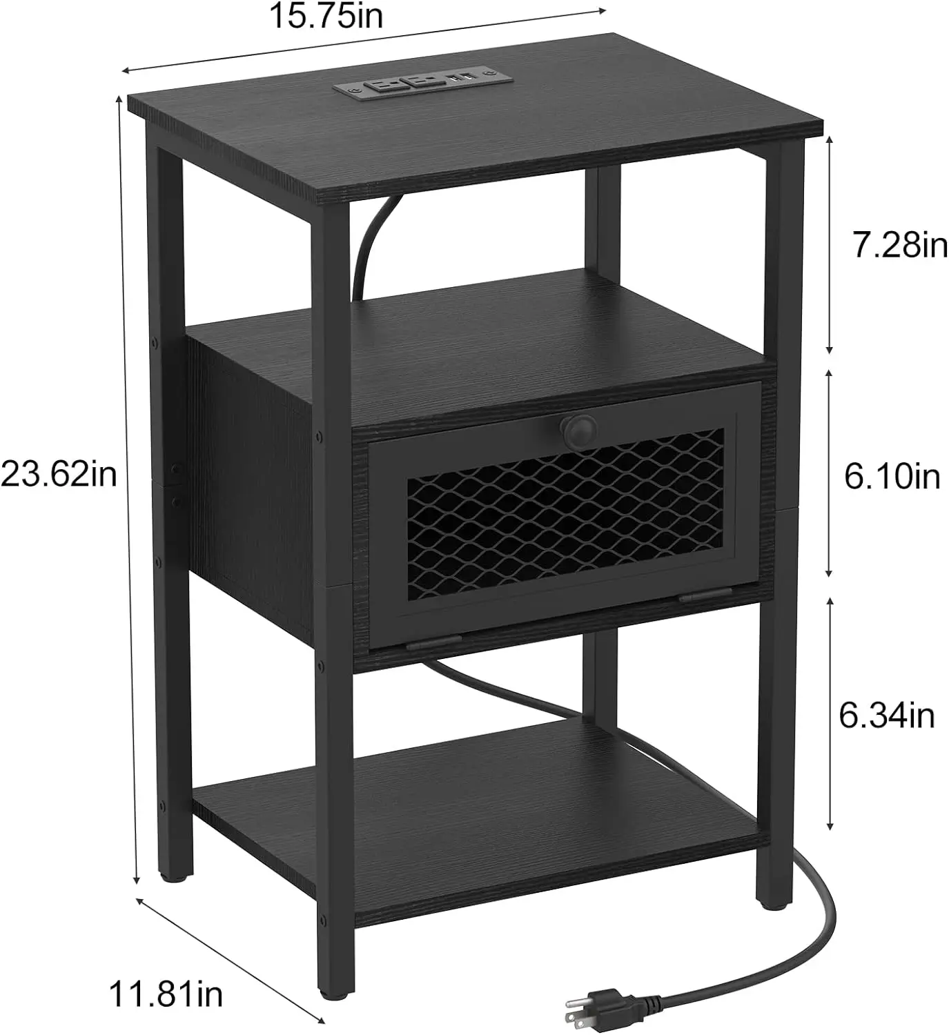 Nightstand with Charging Station, End Table with Power Outlets and USB Ports, Farmhouse Side Table Drawer and Storage Shelf