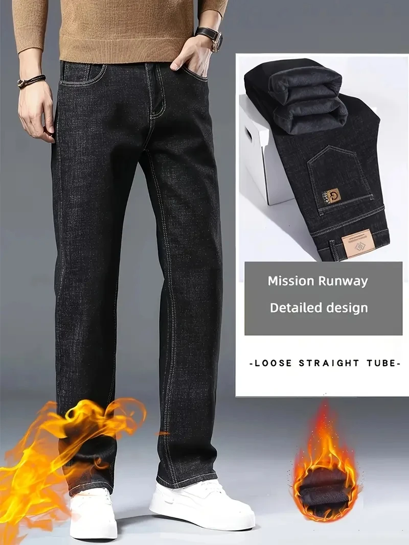 الشتاء الصوف سميكة الدافئة الجينز الكلاسيكية العلامة التجارية الأعمال عارضة الرجال المجهزة مستقيم تمتد منتصف عالية الخصر الجينز