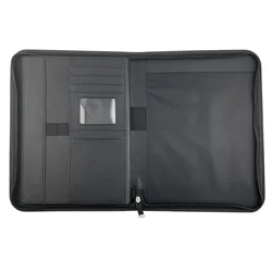 Zippered Business Padfolio - Premium A4 PU Leather Portfolio Organizer for Professional Documents and Resume (Black)