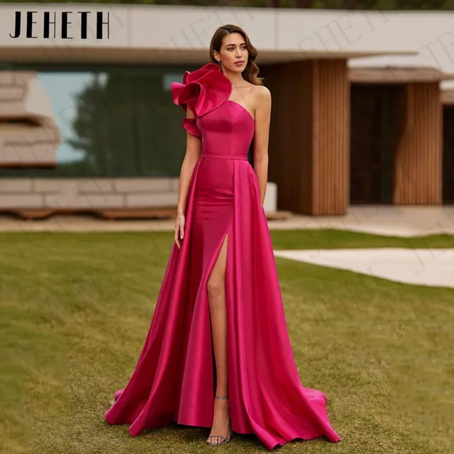 JEHETH Satin One Shoulder Mermaid Evening Dress For Women Split Detachable Train Formal Party Gowns Fuchsia Vestidos De Noche Excellent product recommendation