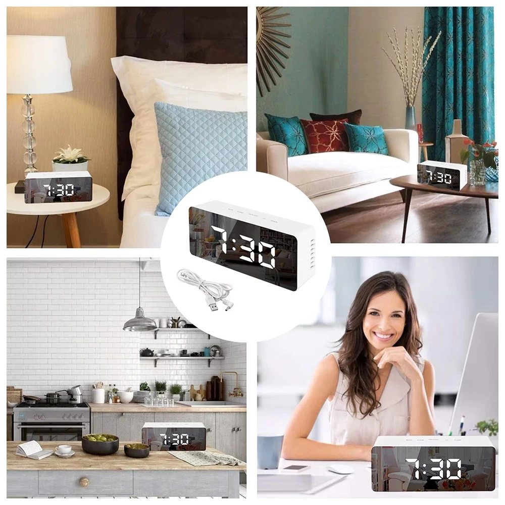 LED Mirror Digital Alarm Clock Snooze Time Electronic Alarm Clock Large Time Temperature Display Night Mode Home Decor