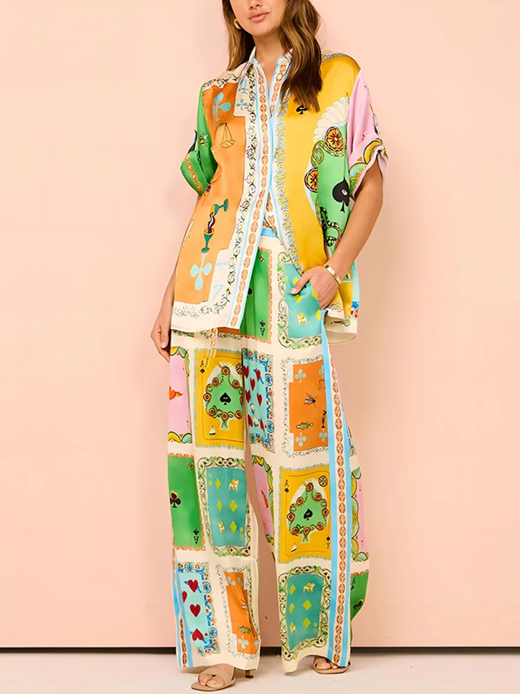 

Женский летний комплект из 2 предметов, топ с уникальным принтом и широкие брюки с карманами и эластичным поясом