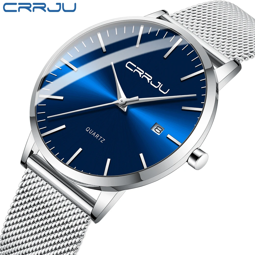 CRRJU Orologio Uomo Impermeabile: Eleganza Classica E Sportiva Con Cinturino In Acciaio, Quadrante Blu 43mm, Oro E Blu