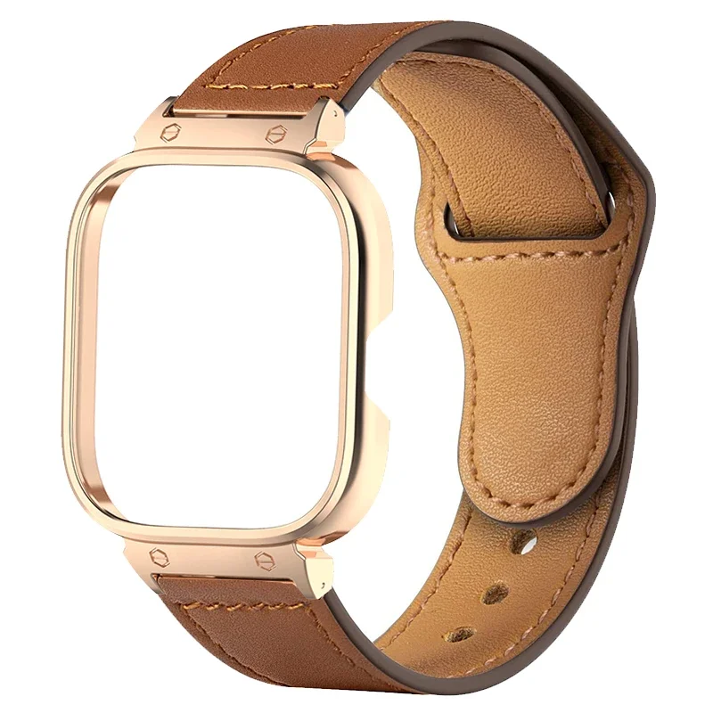 Premium Leather Strap with Metal Case Protector and Watchband Belt