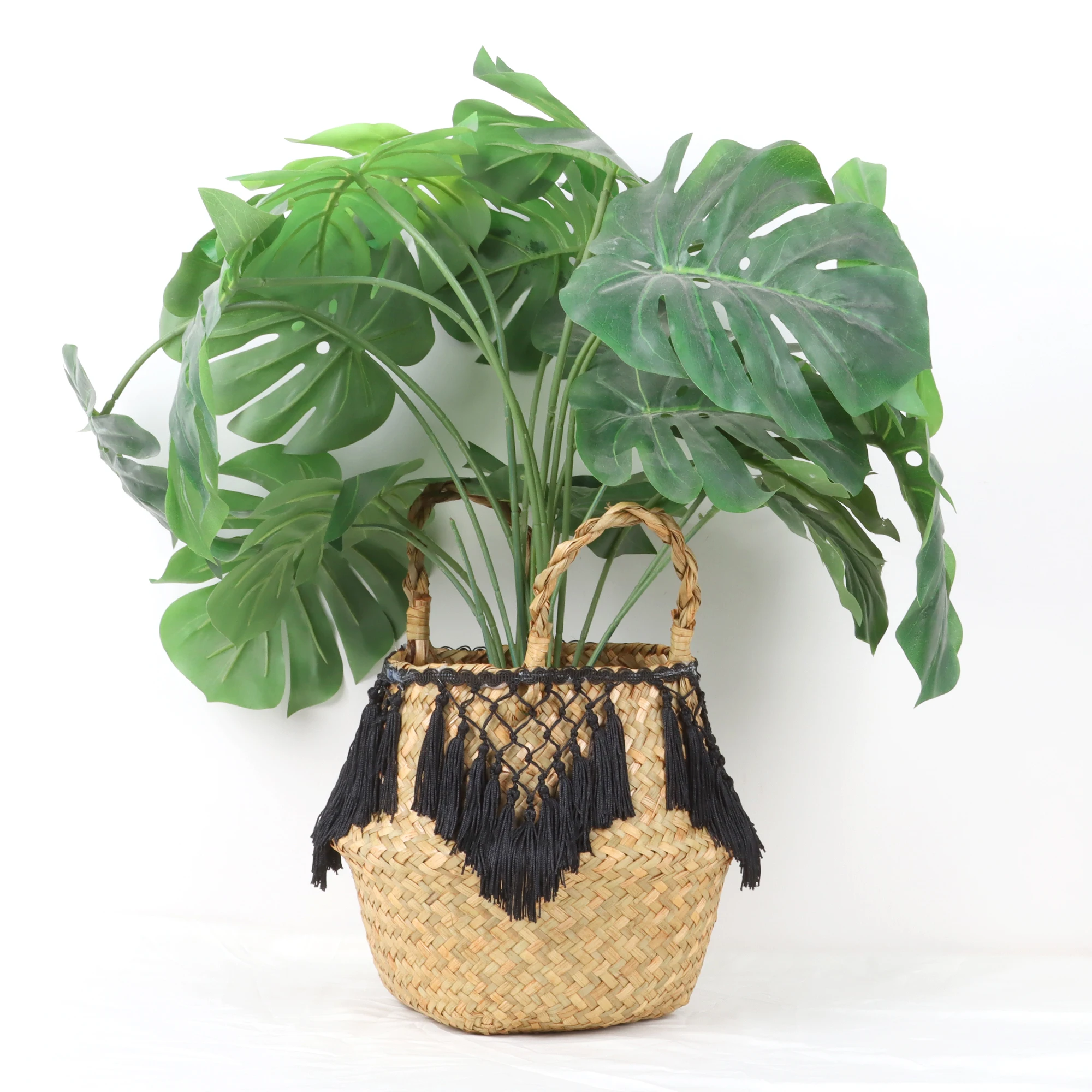 Seagrass Storage Basket Lace Laundry Tassel pendant Basket Natural Rattan Flower Basket Straw Toys storage organizer Black White 4