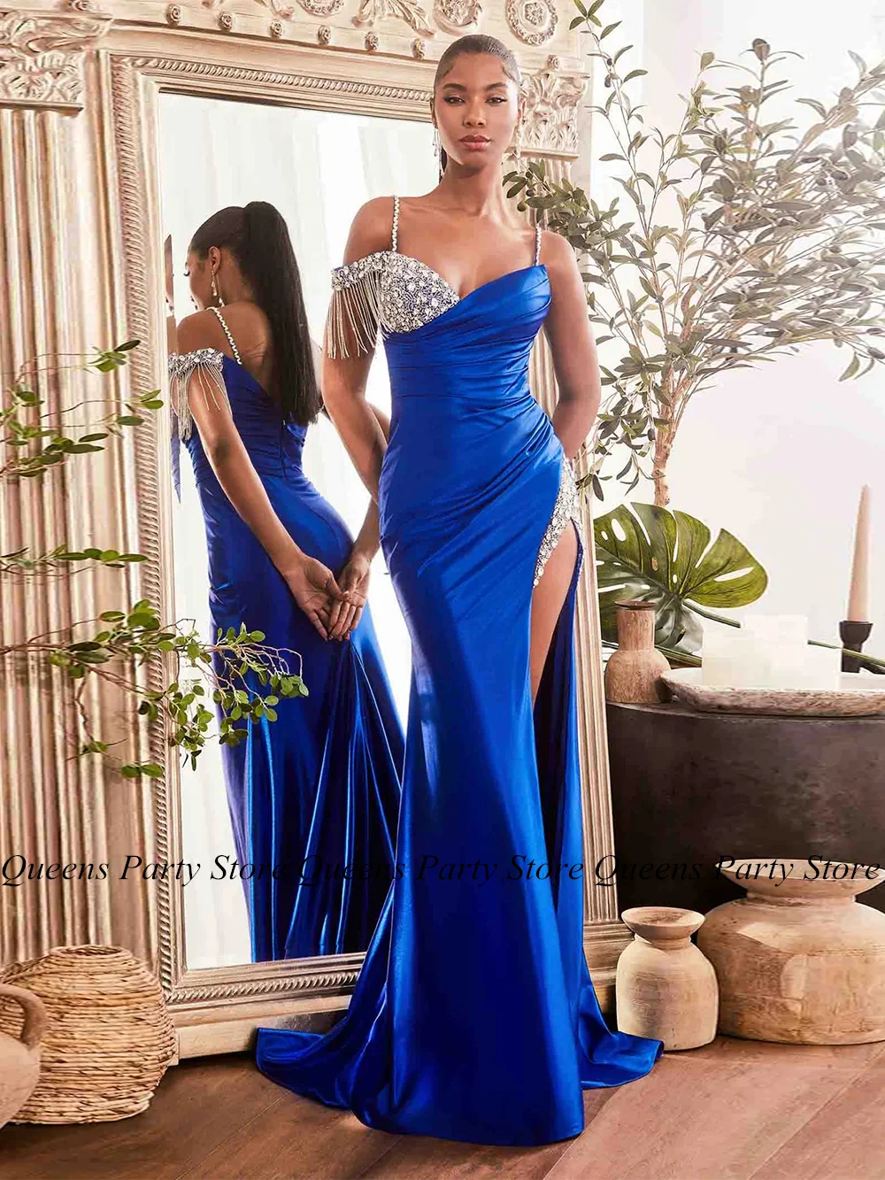 

Sexy Crystal Evening Dress Off The Shoulder V Neck Rhinestones High Slit Satin Mermaid Prom Gown Pageant Party Dresses