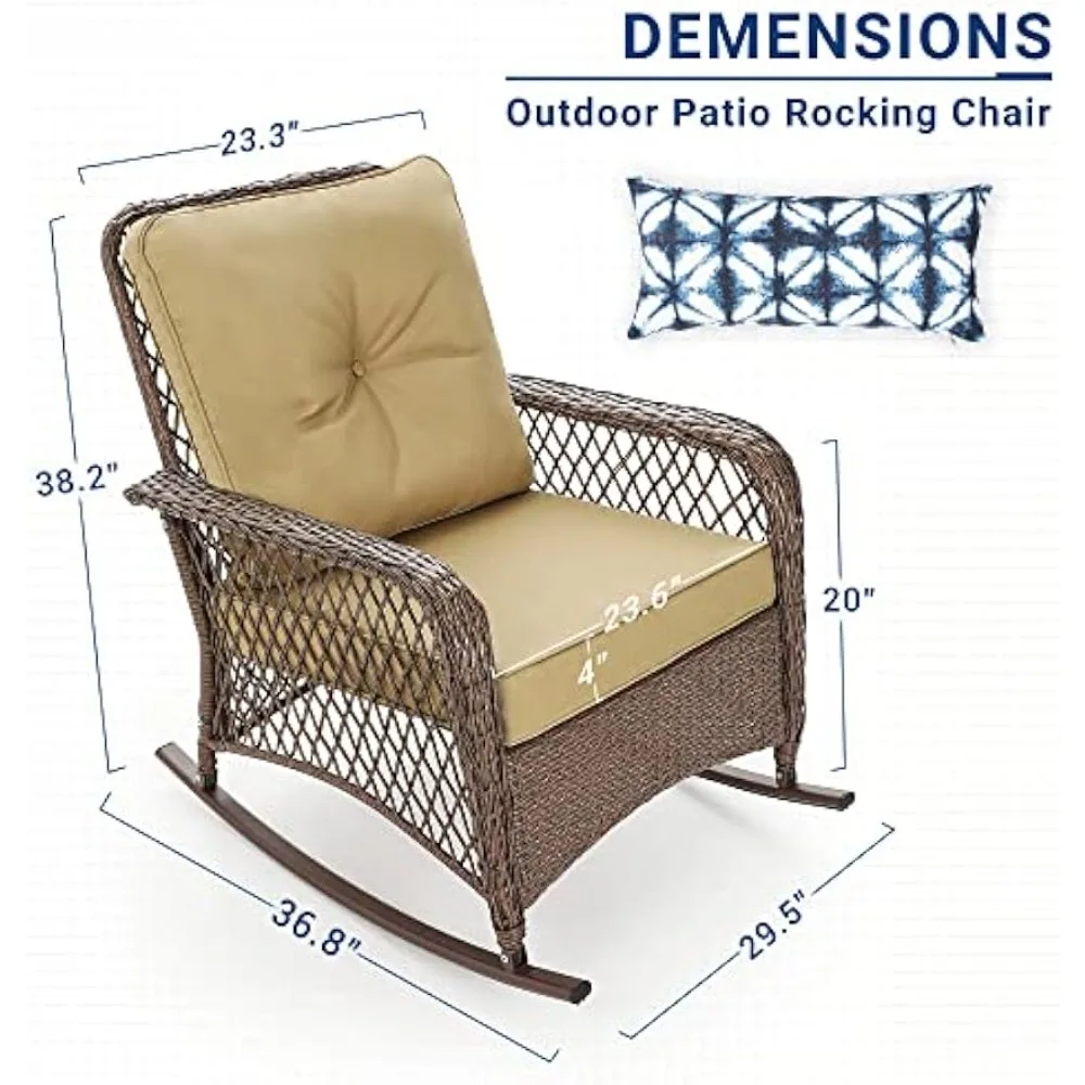 Outdoor Furniture 3 Piece Rocking Chairs Bistro Set, Wicker Patio Chairs with 4‘’ Thick Cushions, Comfortable High Backyard 2