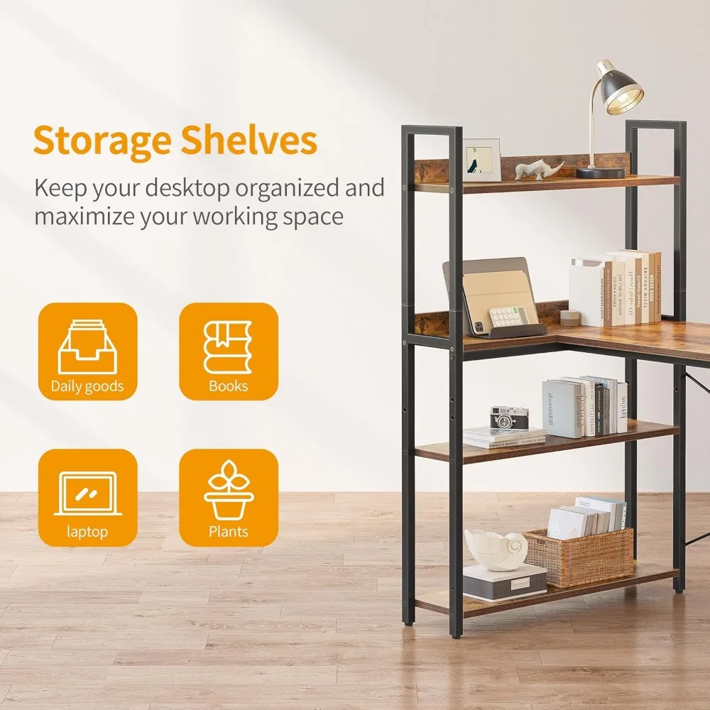 Computer Corner Desk with Storage Shelves, 47 Inch Reversible L Shaped Desk with Bookshelf, Home Office Writing Desk with Hooks 6