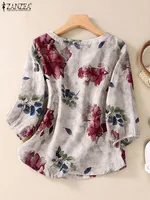 2024 ZANZEA Autumn Floral Printed Blouse Bohemian Women 3/4 Sleeve Tunic Tops Vintage Casual Holiday Beach Blusas Work Shirt - Image 4