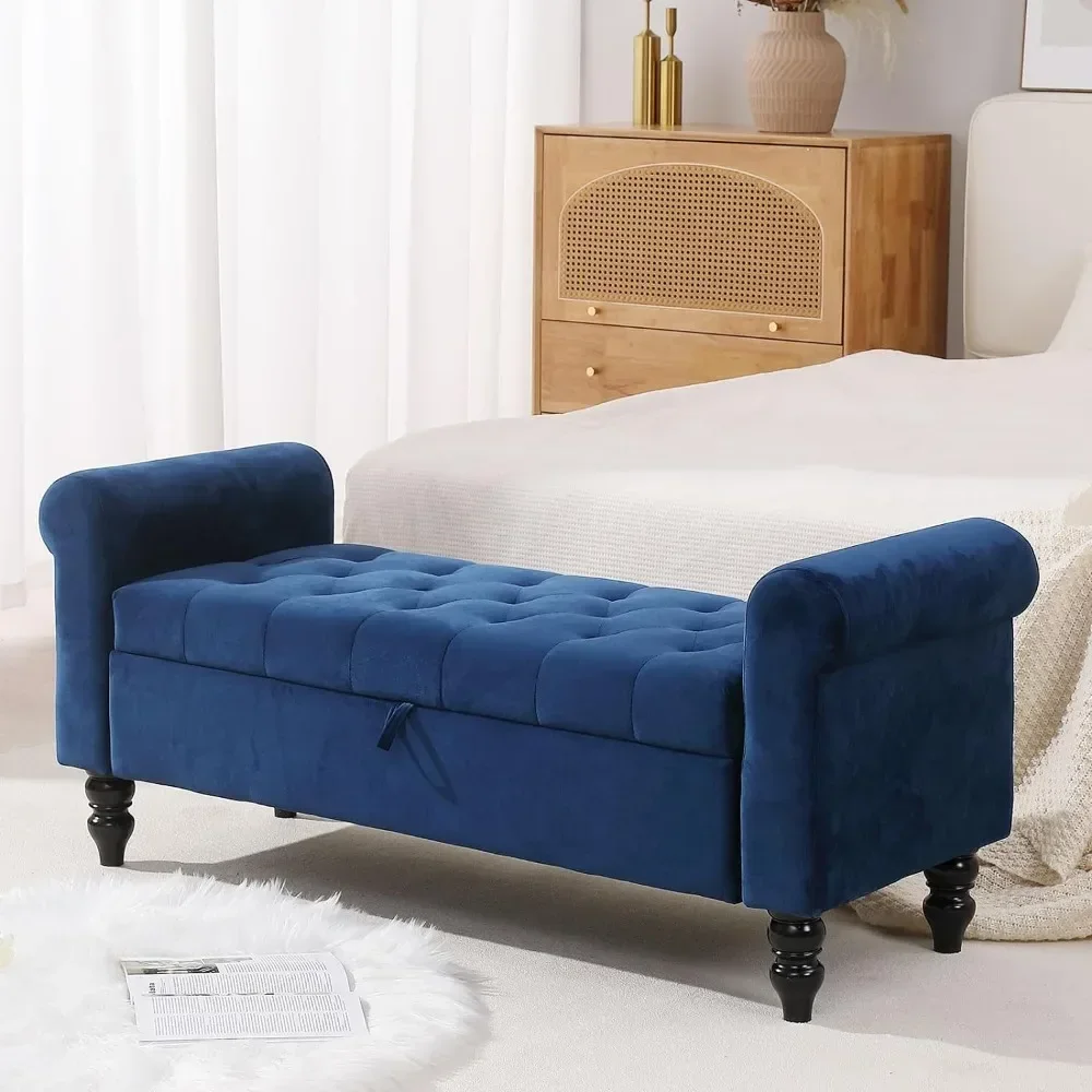 

Storage Bench Ottoman, 50" Velvet Upholstered End of Bed Bench with Rolled Arms, Button Tufted Storage Ottoman Bench for Bedroom