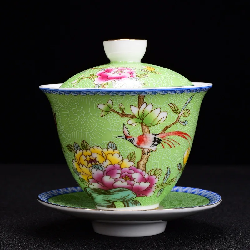 Exquisite Enamel Color Tea Cup Set Hand Painted Flower And Bird Master Cup Tea Bowl With Saucer Porcelain Kung Fu Teacup